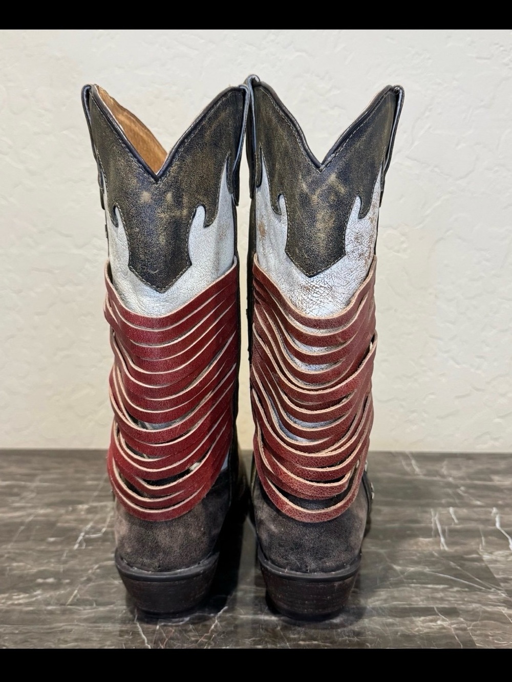 Durango Black, White & Red Distressed Leather Western Ankle Boots - Picture 5 of 6